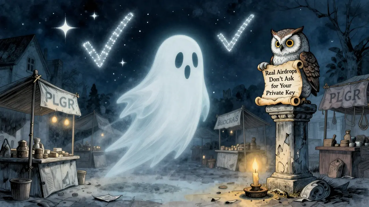 A ghostly PLGR token floats above an empty marketplace as a wise owl holds a scroll warning against scams.