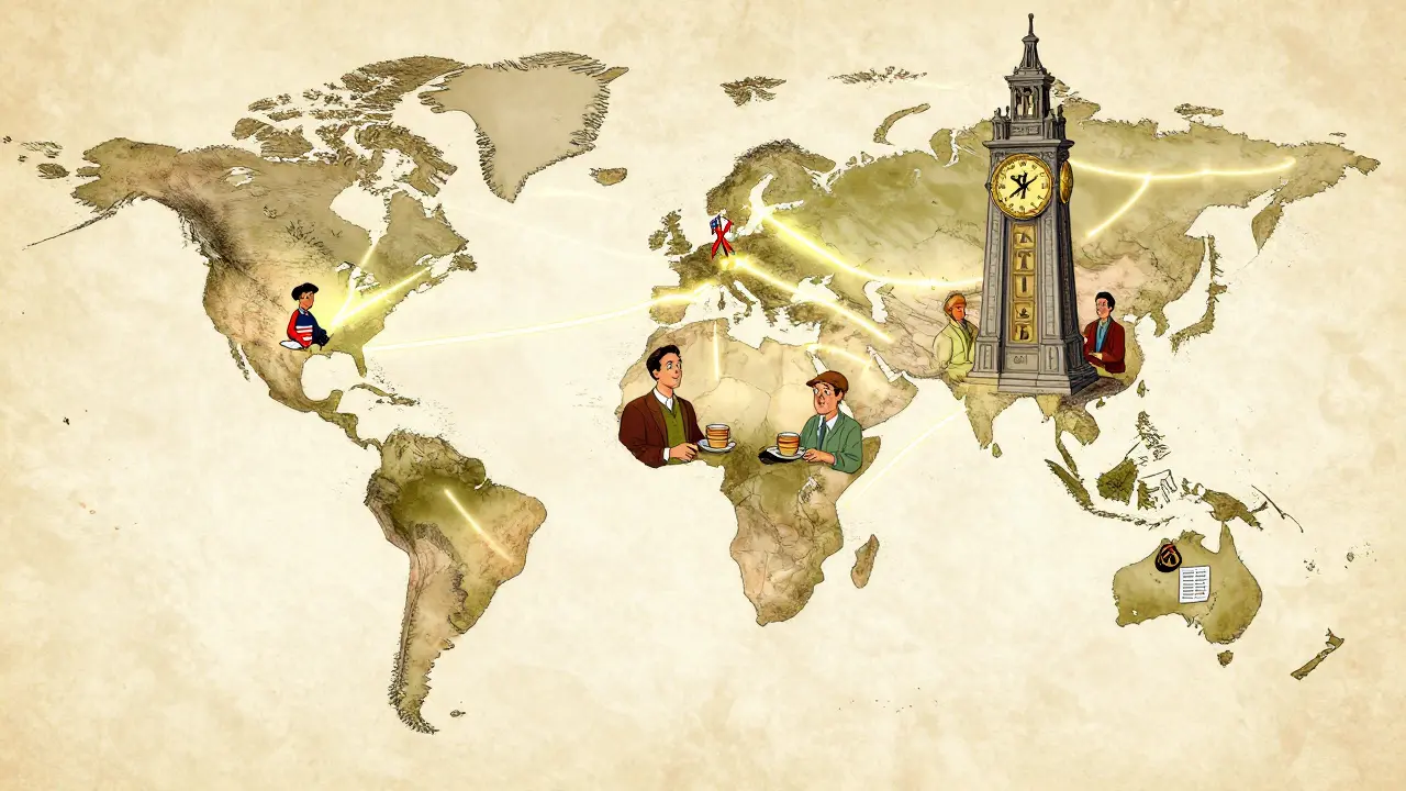 A global map with trade routes converging on a Bitcoin futures clock tower, excluding the U.S., as diverse traders exchange insights.