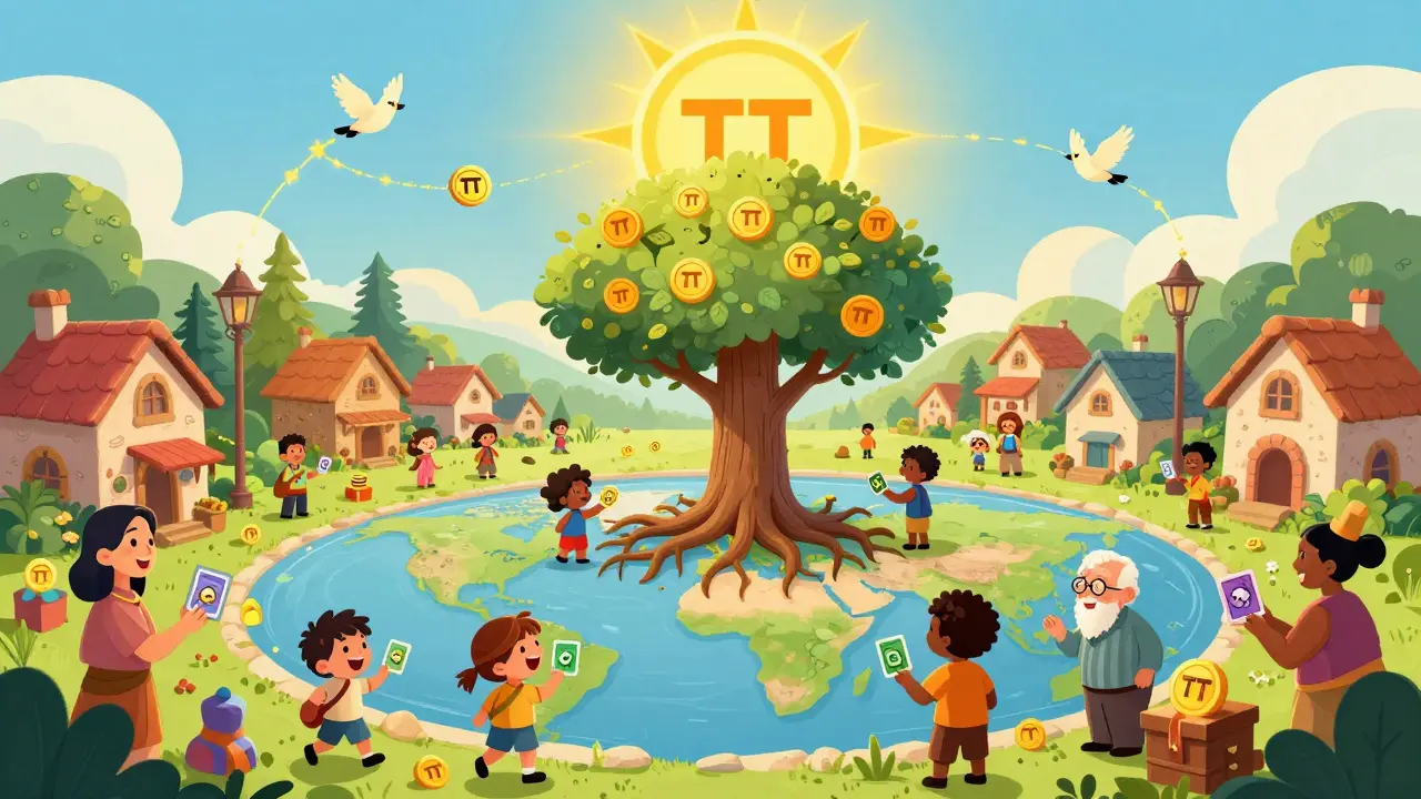 A global village using ThunderCore to trade NFTs and send remittances, with a tree of TT coins and no energy waste under a PaLa-shaped sun.