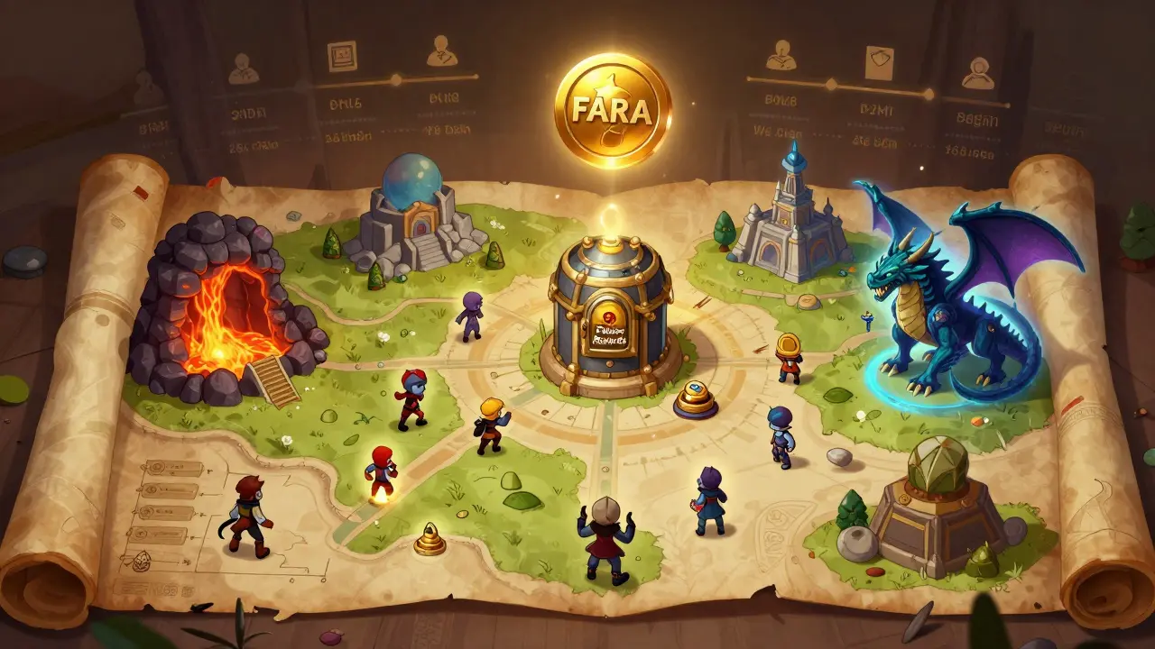 A living game map unfolding with new content, a FARA token rising from a locked vault, storybook style.