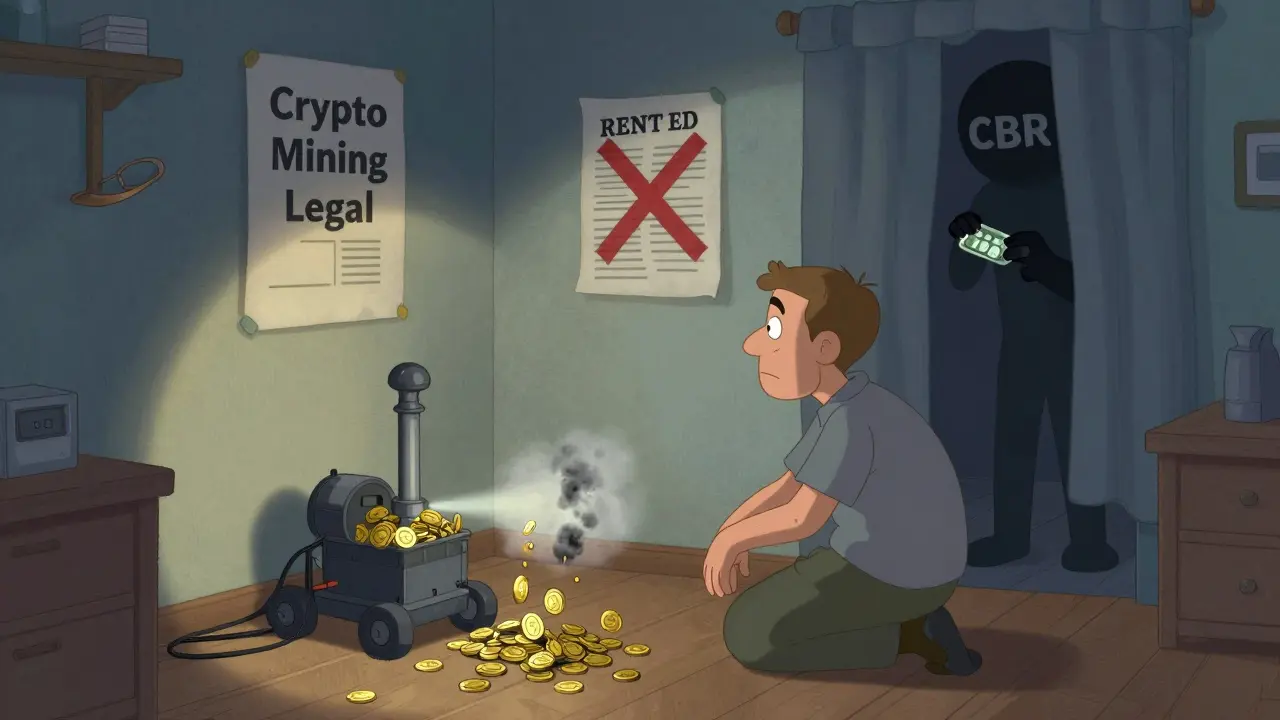 A person mining cryptocurrency at home, but coins turn to ash before they can be spent.