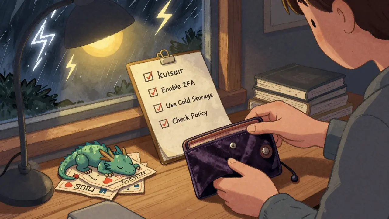 A person safely stores a hardware wallet at night as a sleepy 'Exchange' dragon sleeps on IOUs.