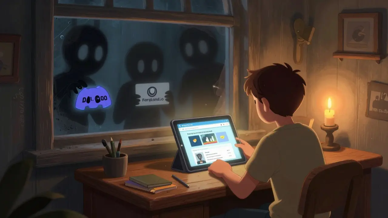 A player reading the official FaraLand website while scam figures lurk outside the window, candlelit room.