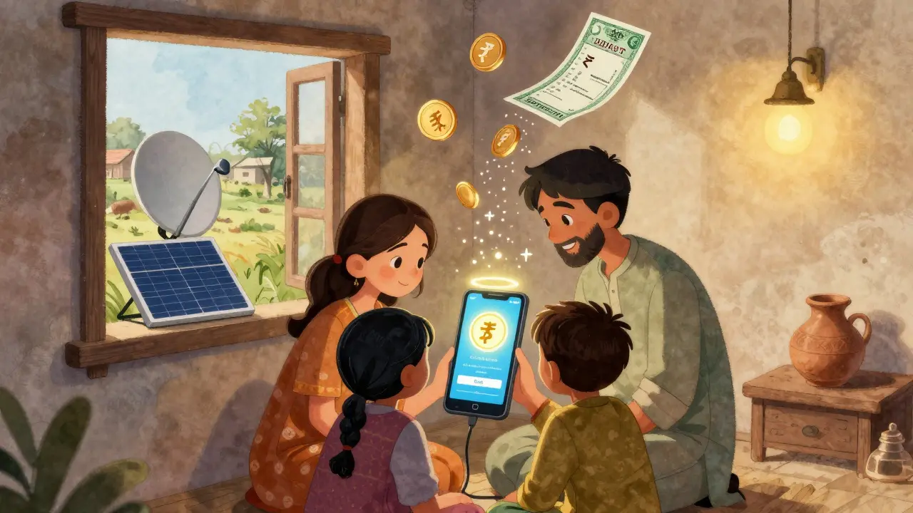A rural Pakistani family receives a crypto remittance on their phone, with USDT glowing above as rupees turn into digital coins.