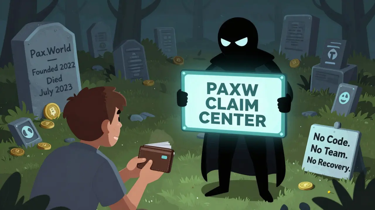 A shadowy scammer luring a user to a phishing portal beside a graveyard of dead NFTs and tokens.