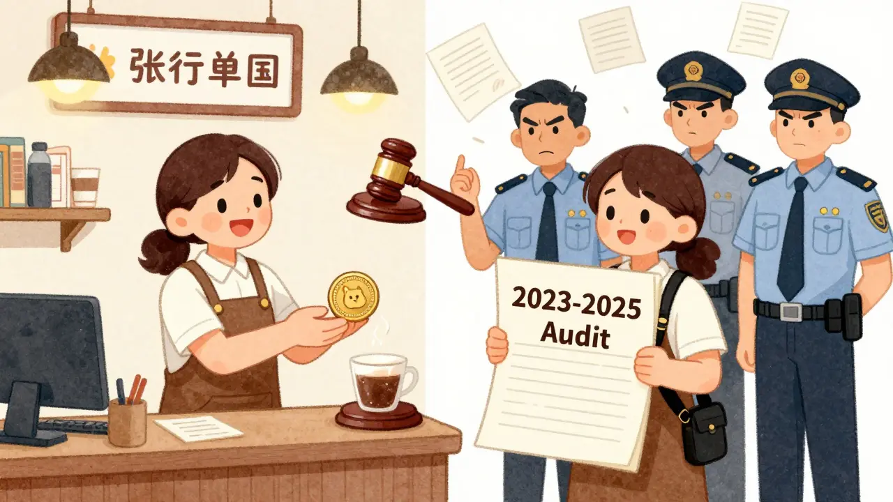 A shopkeeper accepting Dogecoin for coffee, contrasted with tax officials confronting them over audit documents.