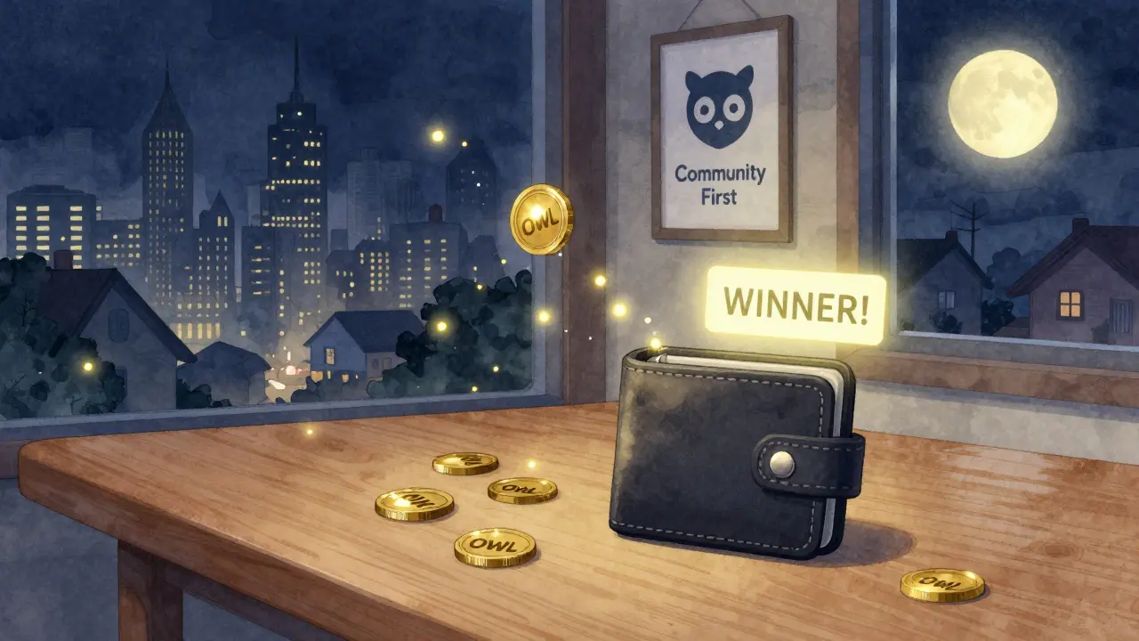 A tiny wallet floats with OWL tokens rising like fireflies under a moonlit window, symbolizing quiet hope in a crypto airdrop.
