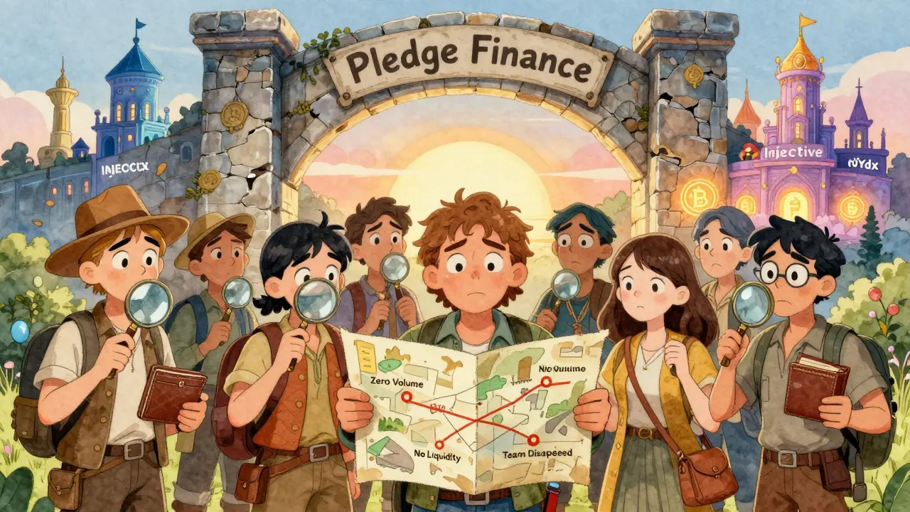 Adventurers holding wallets before a crumbling archway labeled Pledge Finance, while thriving crypto kingdoms glow in the distance.