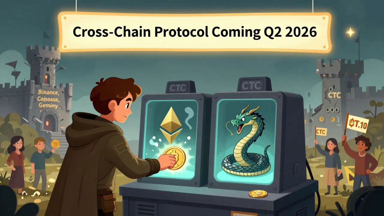 An adventurer placing a CTC token into a two-sided machine, one side Ethereum with gas smoke, the other native chain with low fees, as a future protocol banner glows above.