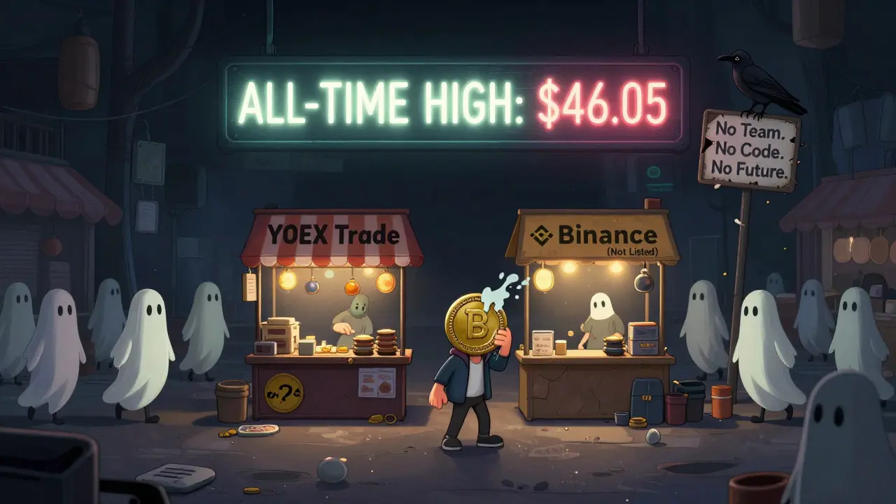 An empty marketplace with two flickering stalls; ghostly traders walk away as a coin melts to ash under a fading 'ALL-TIME HIGH' sign.