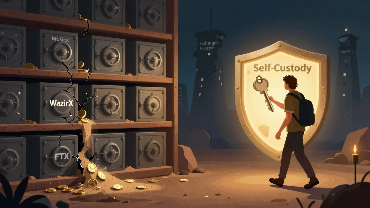 Crumbled exchange vaults leak coins while a traveler walks toward a shield-shaped hardware wallet.