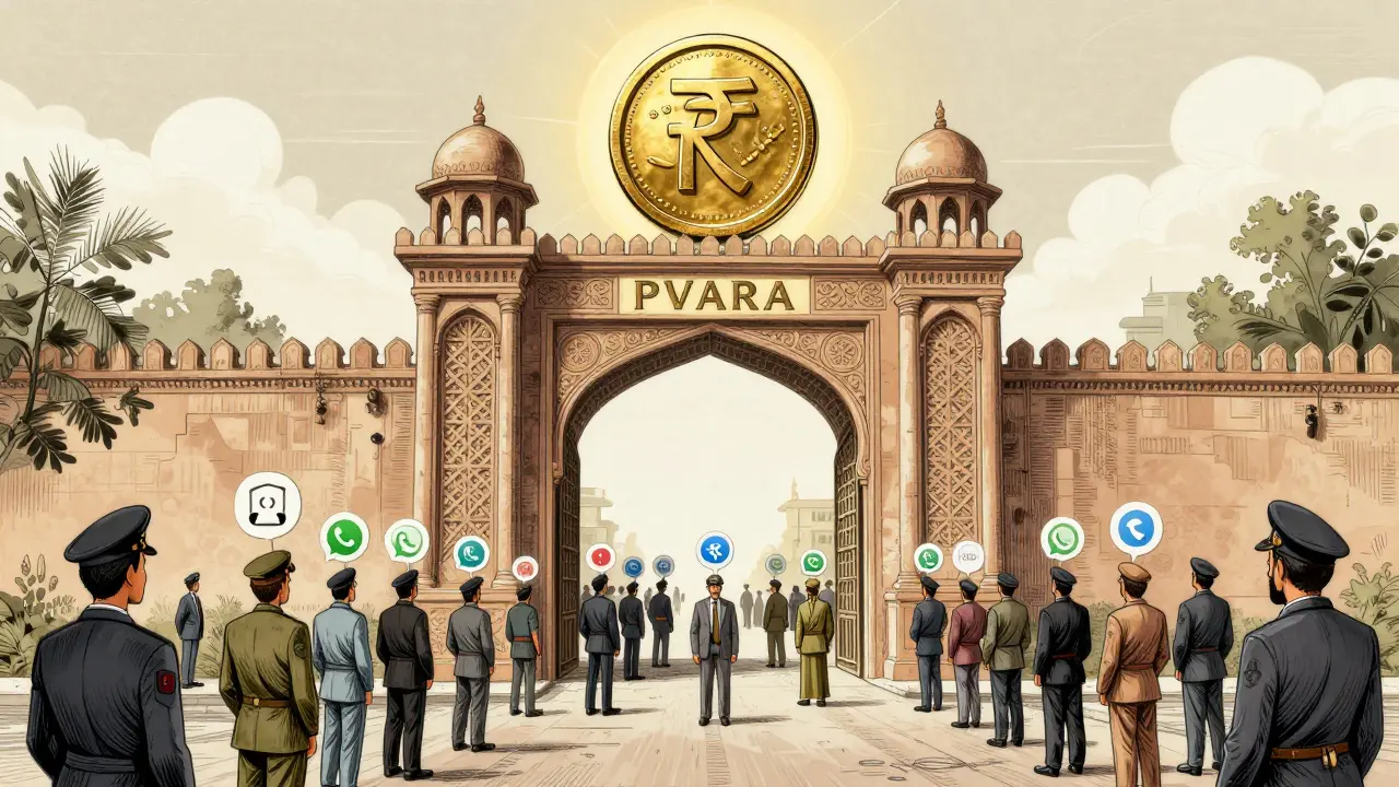 Licensed crypto exchanges pass through a gate guarded by officials, while small traders are barred from entry.