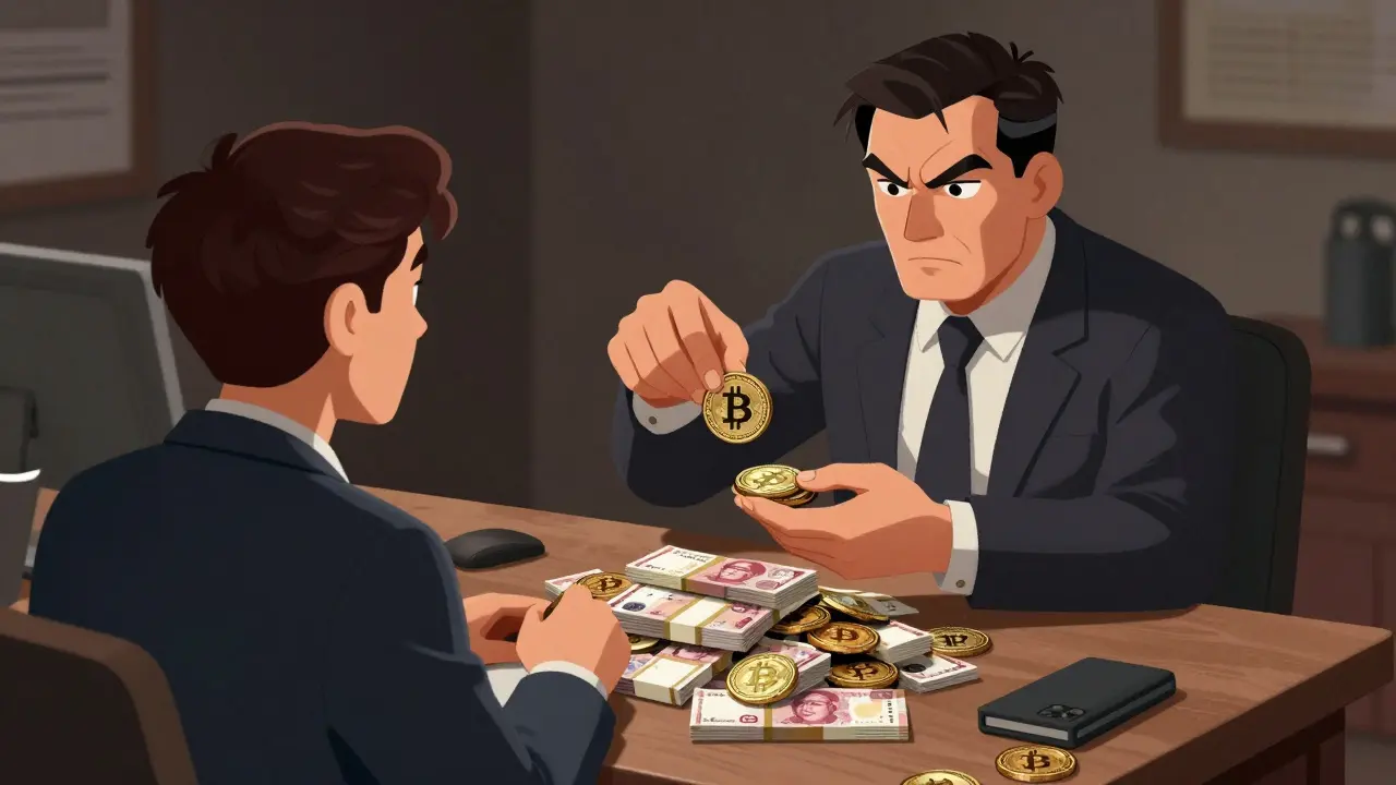 Official confiscating Bitcoin with rubles symbolizing fines in storybook style.