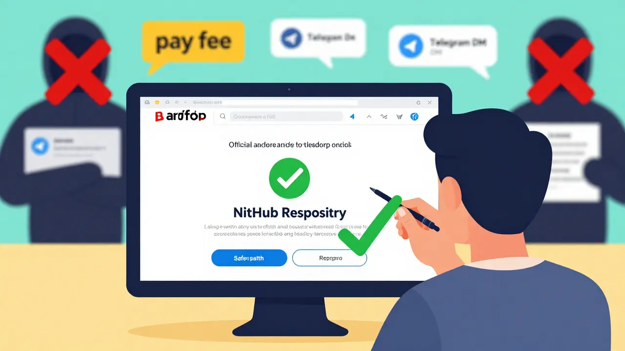 Person checking official sources for airdrop, scam attempts blocked by red Xs.