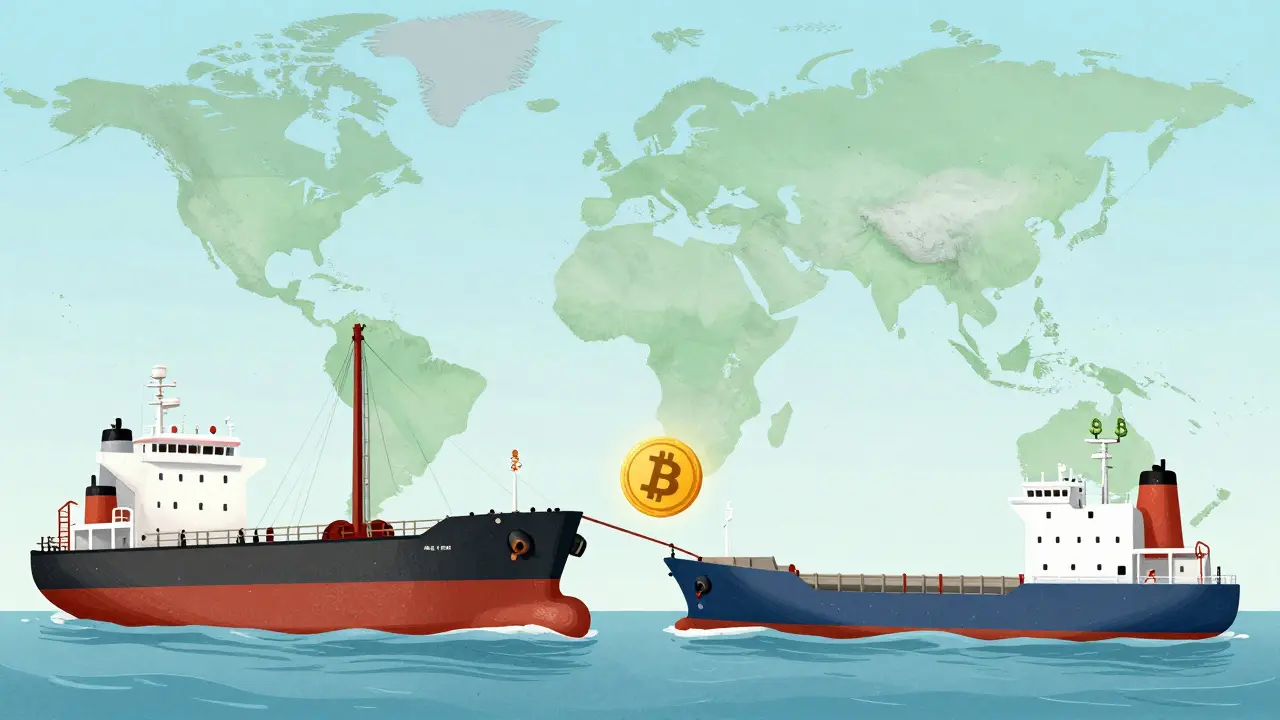 Russian and Indian ships trading oil using Bitcoin in storybook style.