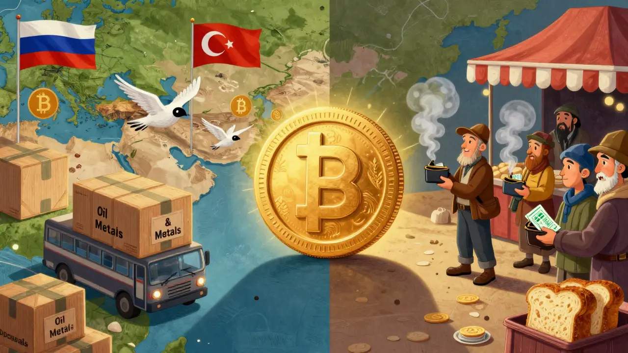 Split scene: crypto used for international trade on one side, while digital ruble blocks domestic crypto use.