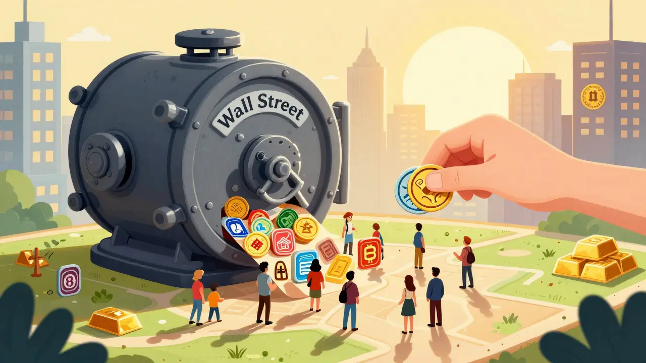 Tiny hands lift a traditional Wall Street vault to reveal an open, tokenized marketplace for real-world assets.