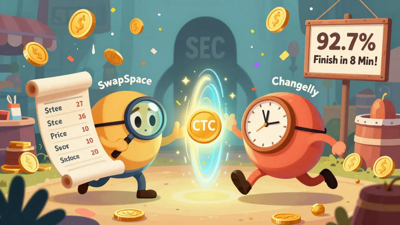 Two characters, SwapSpace and Changelly, one comparing rates and the other speeding a token through a portal, with Ethereum gas fees raining down.