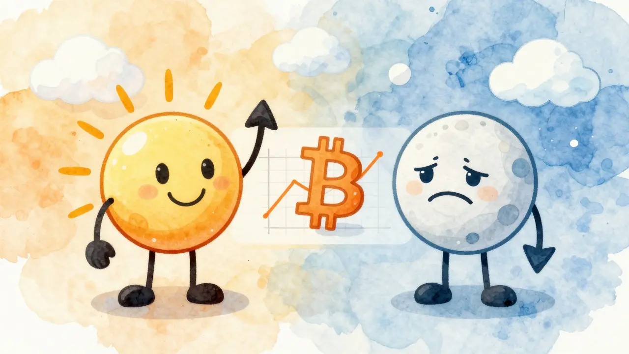 Two characters with rising sun and upward arrow for call option, setting moon and downward arrow for put option.