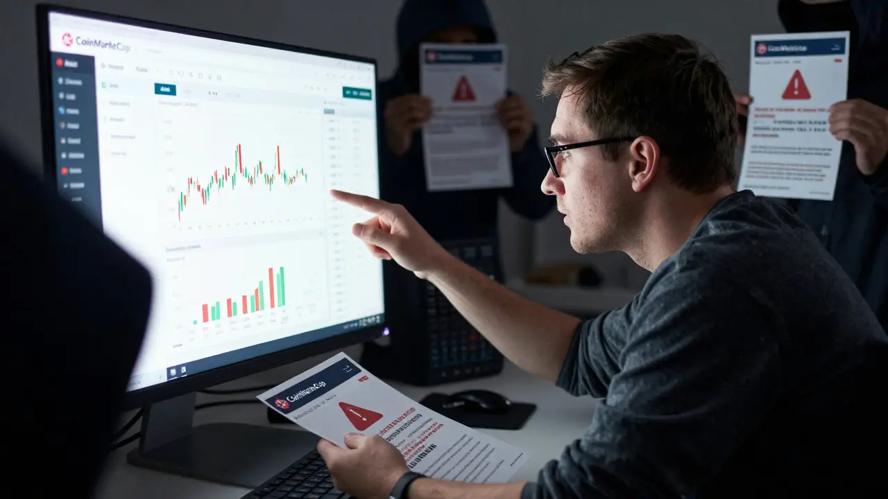 Wise character verifying market data, scammers offering fake airdrop flyers with red warnings.