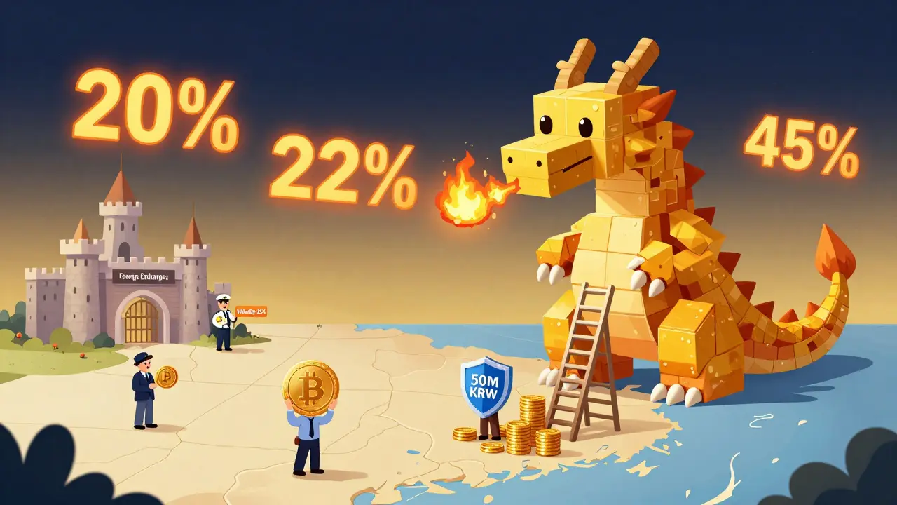 A blockchain dragon breathes tax percentages over South Korea, with tiny crypto holders below under shielded thresholds or climbing income ladders.