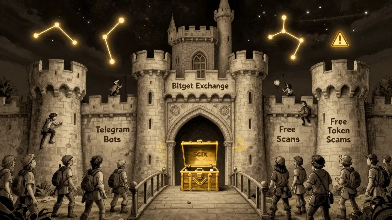 A castle labeled Bitget with a single chest of SCIX tokens, while others try to climb fake airdrop walls.
