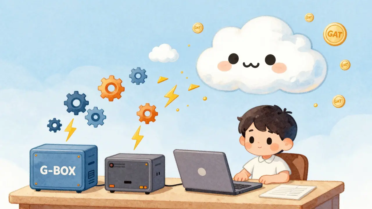 A child earns GAT tokens as computing power flows from a laptop and G-BOX into a friendly cloud server.