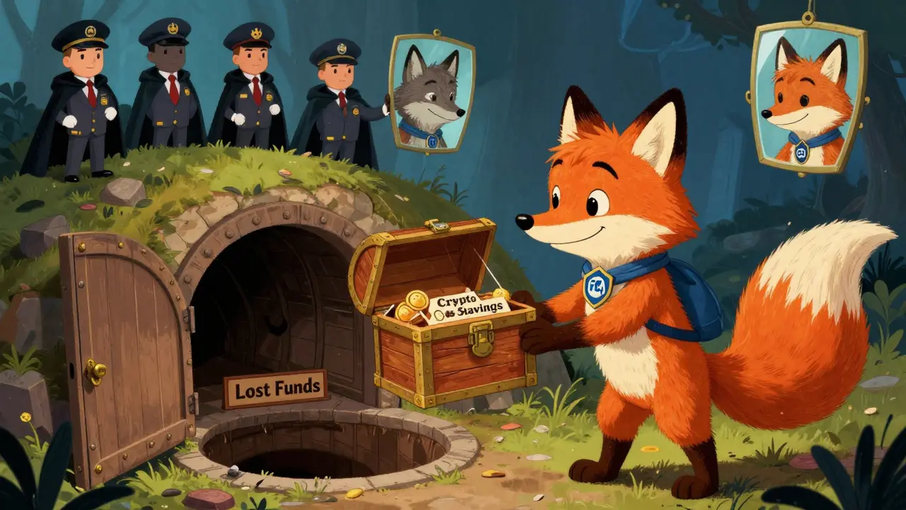 A child hands crypto to a fox in a fake regulator badge as a trapdoor opens beneath them into a pit labeled 'Lost Funds'.