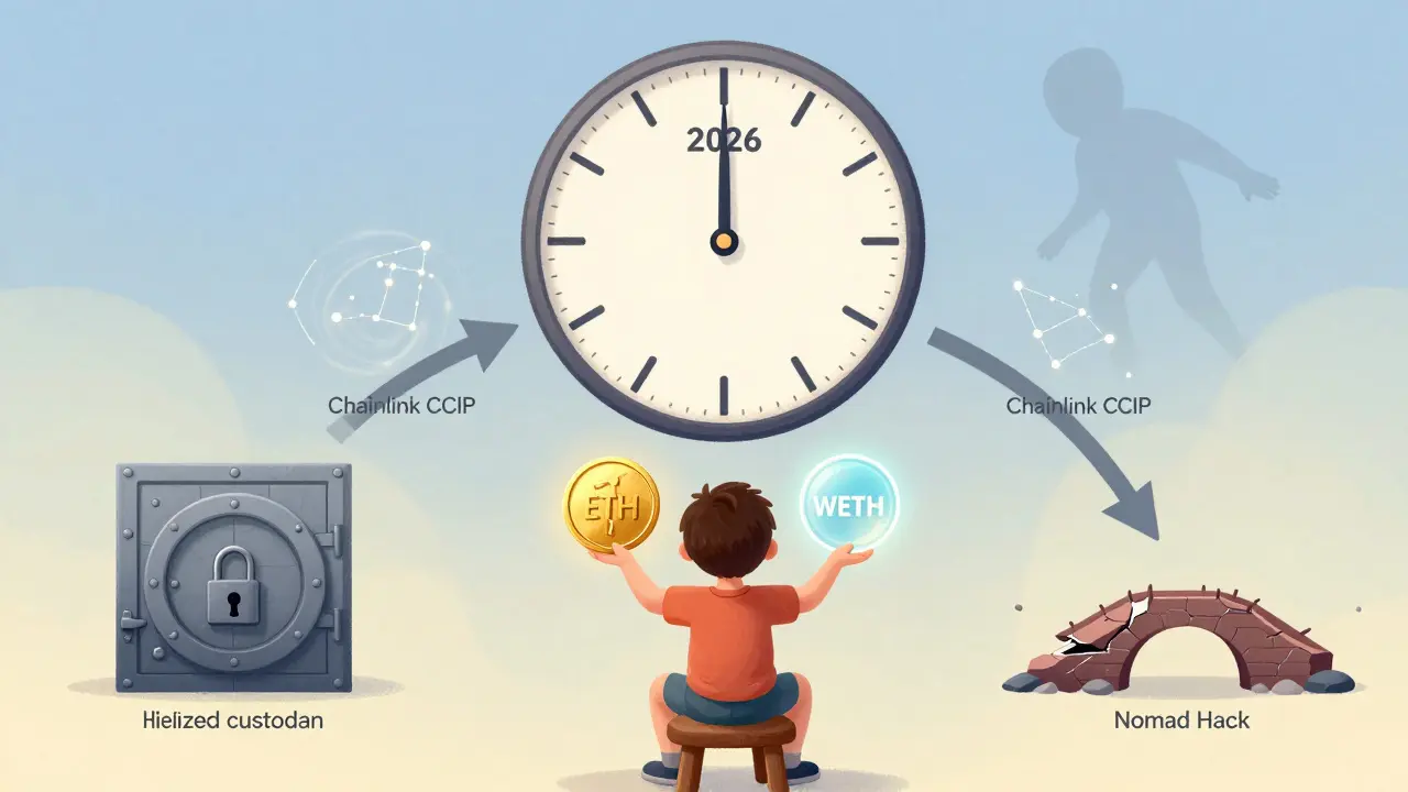 A child holds ETH and WETH coins as a 2026 clock shows three futures: vault, nodes, and a crumbling bridge.