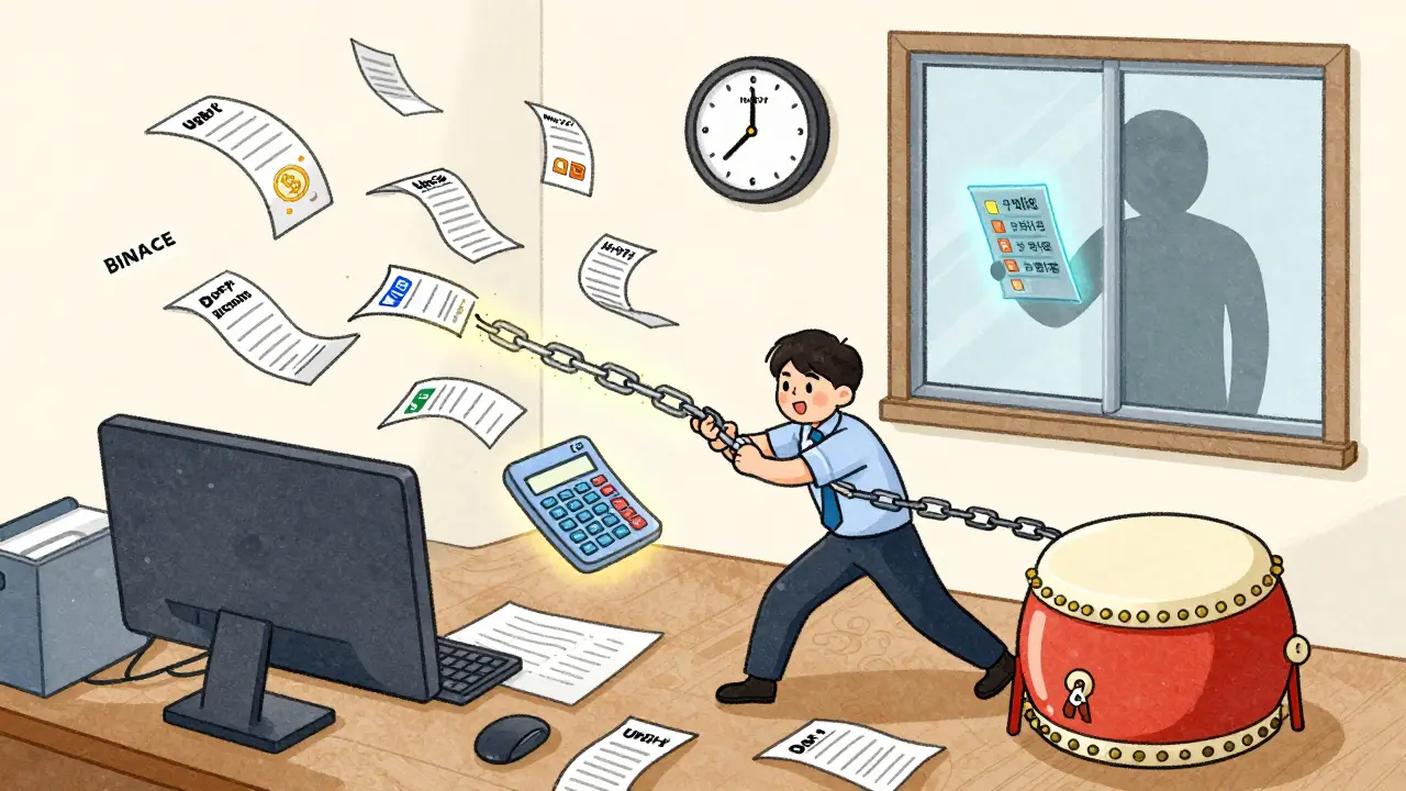 A cluttered desk in Seoul covered in crypto transaction receipts, with a person using a tax calculator drum as a shadowy tax inspector watches.