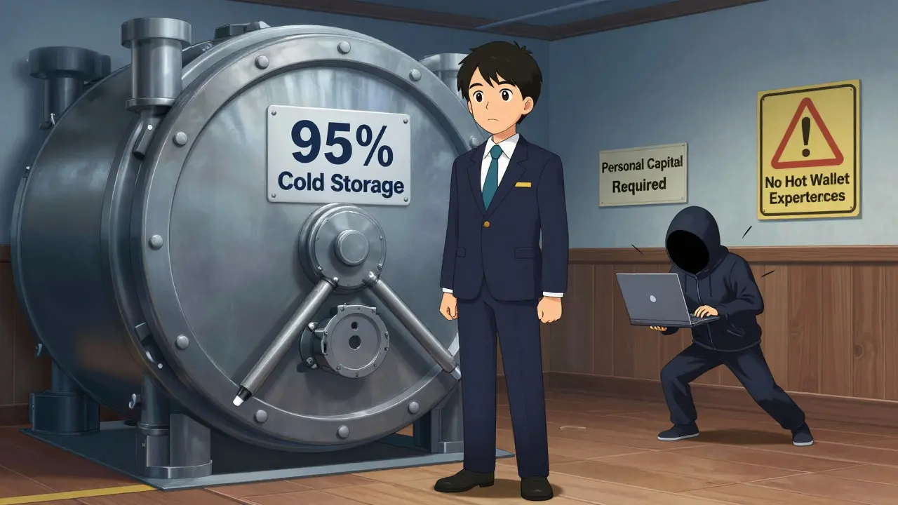 A compliance officer beside a cold storage vault, with a frozen hacker and warnings about personal liability for hot wallet losses.