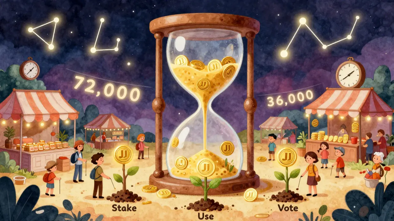 A cosmic marketplace with JU tokens flowing from a giant hourglass as users plant seeds that grow into token-bearing trees.
