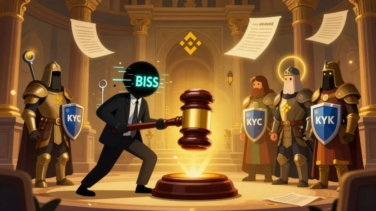 A courtroom scene where a fraudster labeled BIS is defeated by regulated exchanges protected by keys and compliance shields.