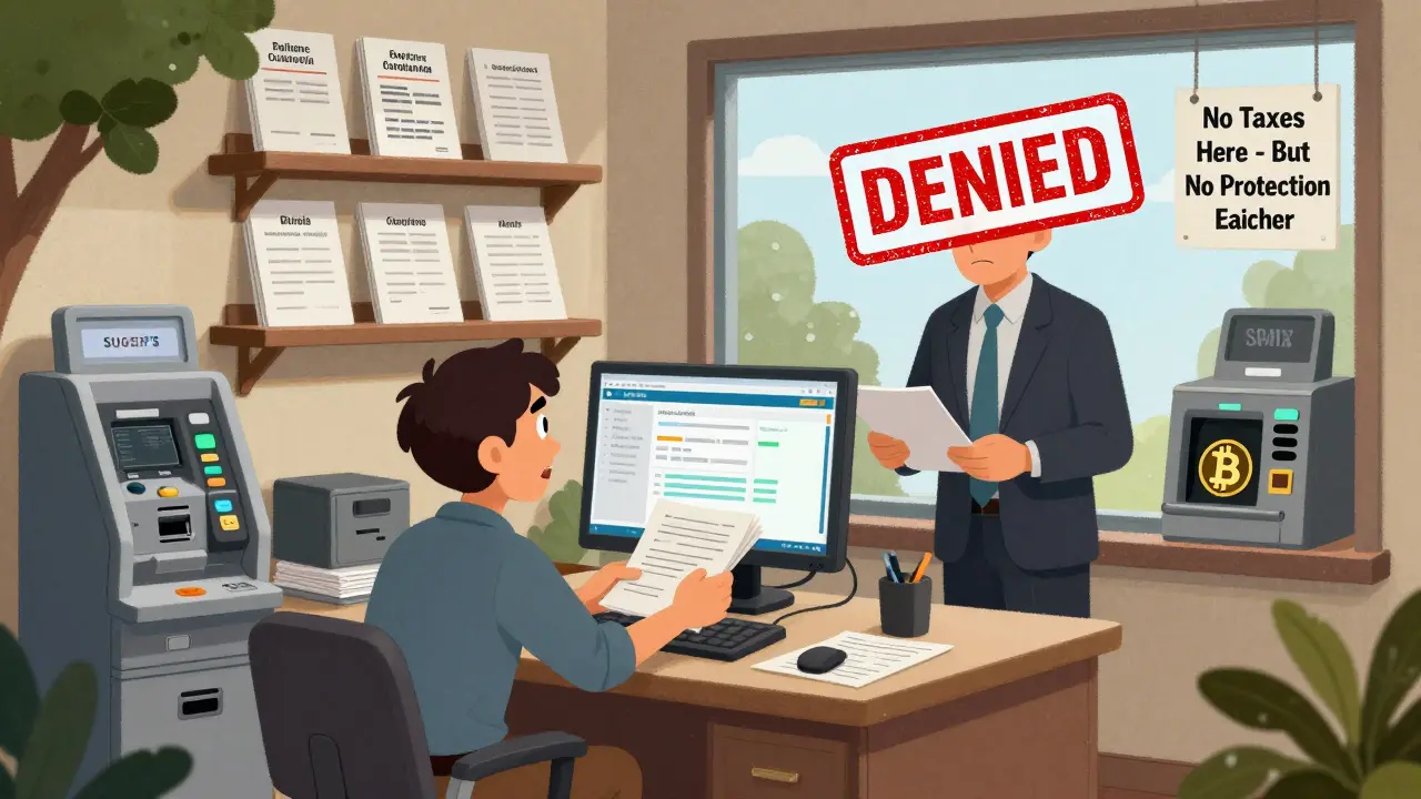 A crypto business owner struggling to open a bank account while surrounded by compliance paperwork and a rejected transaction stamp.