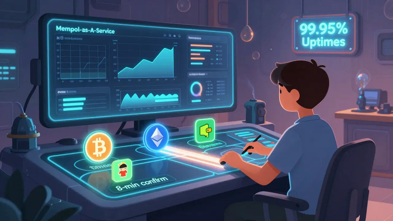 A developer monitoring a glowing mempool dashboard with connected chains and a wallet showing 8-minute confirmation.