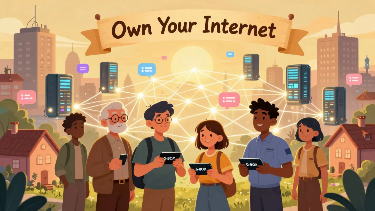 A diverse group holds G-BOX devices, connected by a glowing web to a decentralized city of floating servers.