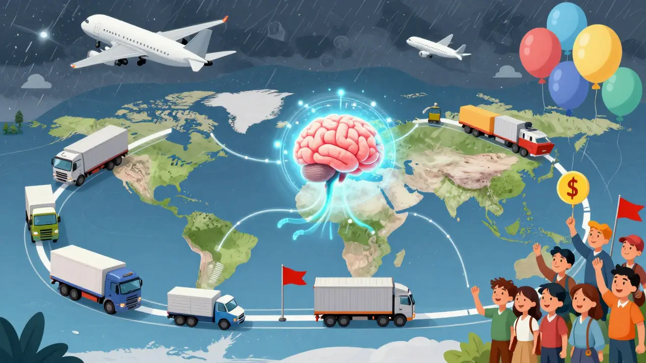 A global supply chain map with vehicles rerouting around storms, guided by a glowing AI brain and cost-saving balloons.