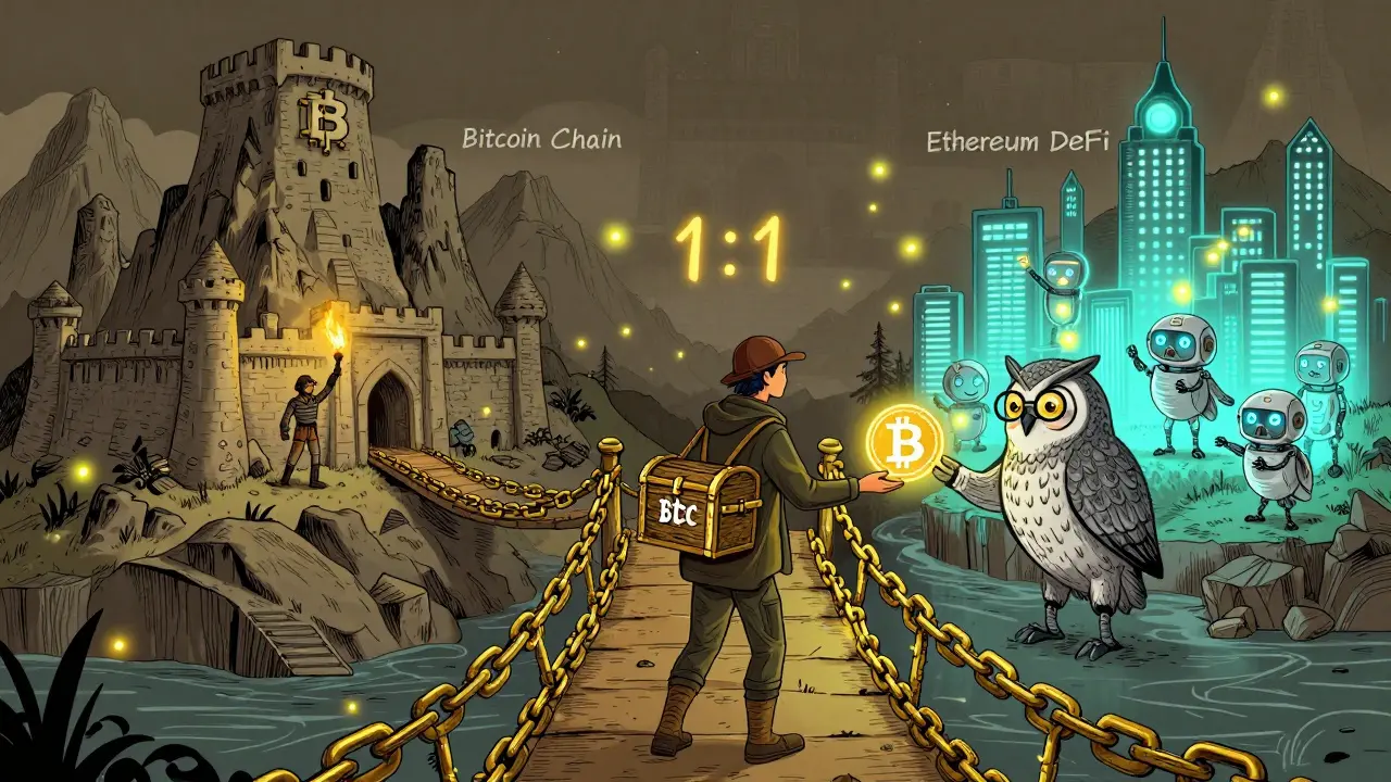 A golden bridge connects Bitcoin’s mountain fortress to Ethereum’s glowing DeFi city, with a traveler receiving WBTC from an owl.