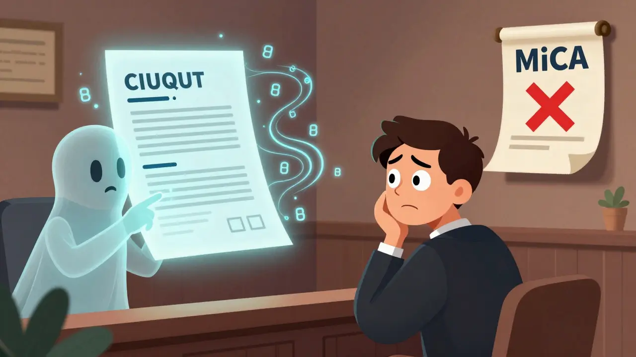 A judge facing a glowing AI contract with swirling data, while a past transaction ghost points to fraud patterns.