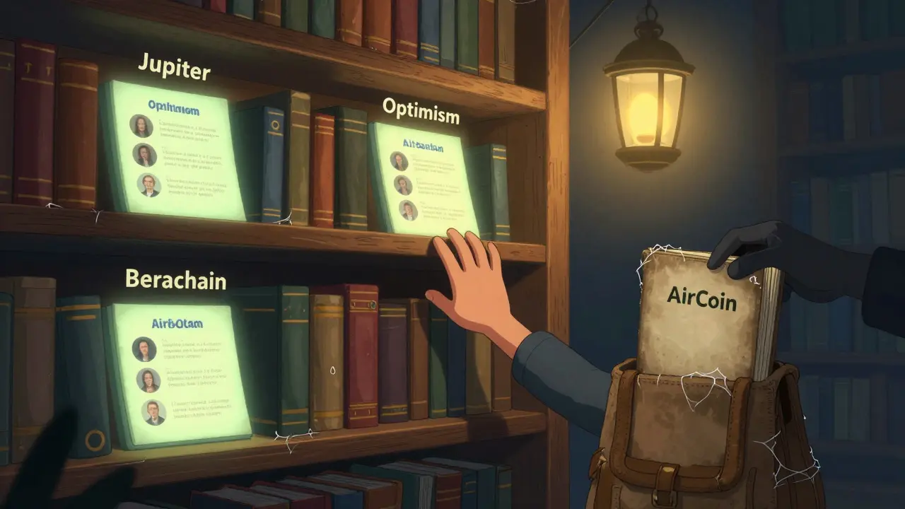 A library of verified crypto projects with a dusty, empty book labeled AirCoin in the corner.