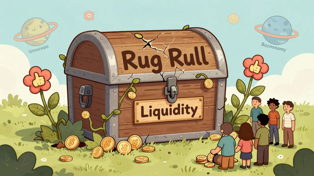 A locked treasure chest with GRIPPY coins growing as flowers, while people plant more coins, with memes and exchange logos in the sky.