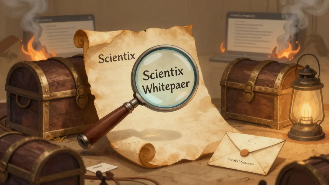 A magnifying glass over a blank whitepaper scroll surrounded by empty chests and burning scam websites.