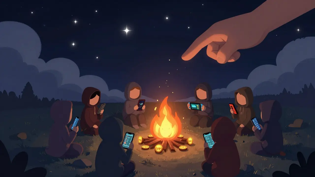 A moonlit campfire of GRIPPY tokens with anonymous figures sharing a Nintendo Switch, as a giant hand points to blockchain stars.