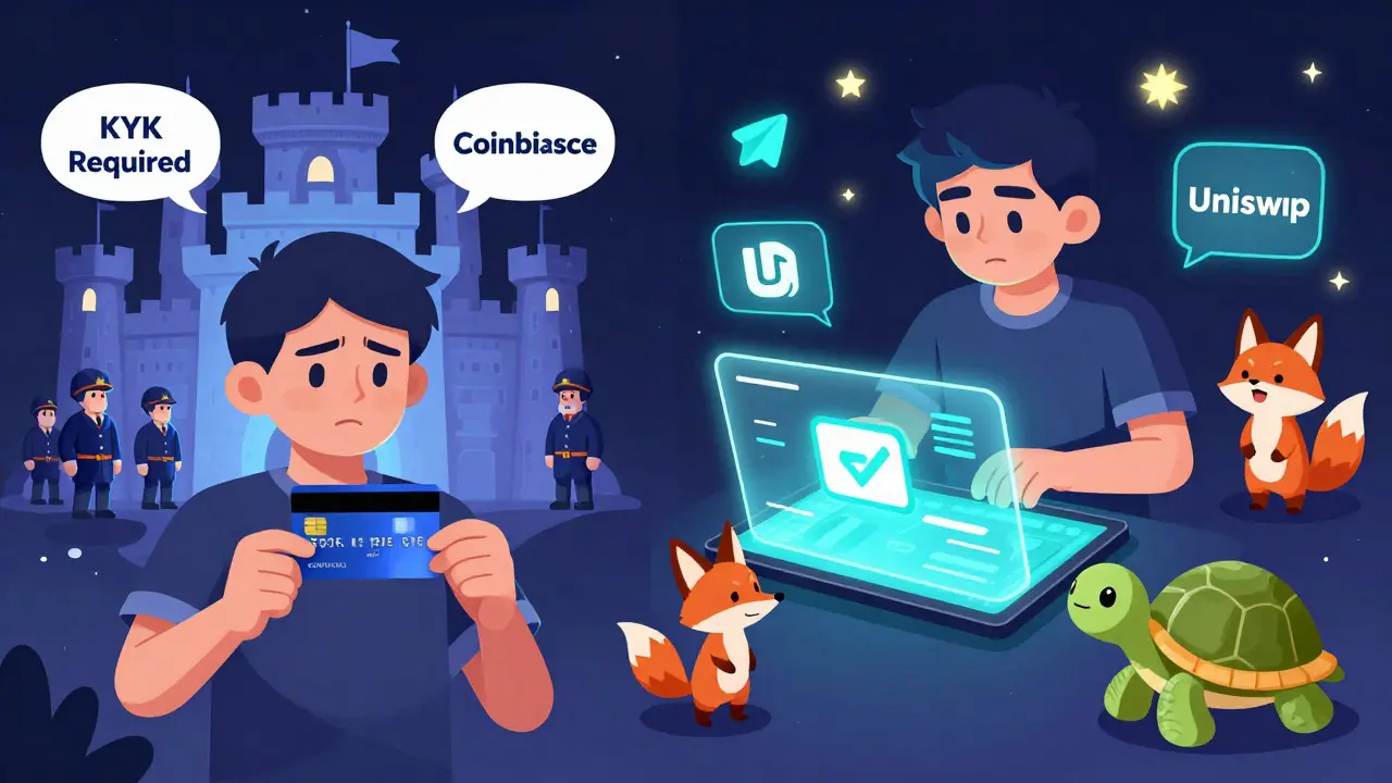 A nervous beginner with a credit card beside a castle vs. a confident trader connecting a wallet to Uniswap with friendly chain guides.