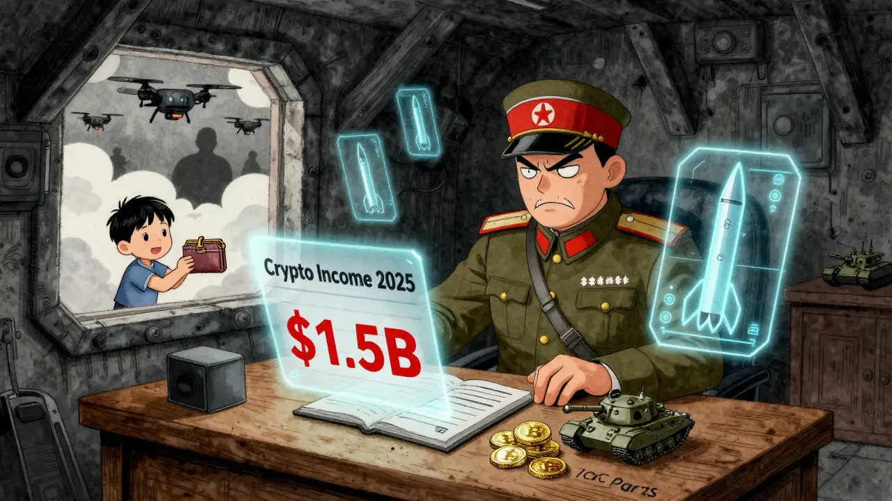 A North Korean general buys missile parts with stolen Bitcoin in a dim bunker, under a hologram of nuclear weapons.