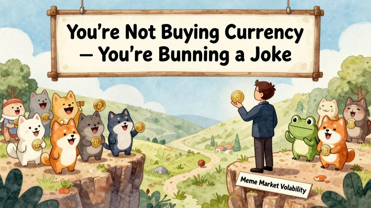 A person holding a tiny EURC coin like a lottery ticket, standing at a cliff labeled 'Meme Market Volatility' above a valley of laughing crypto animals.