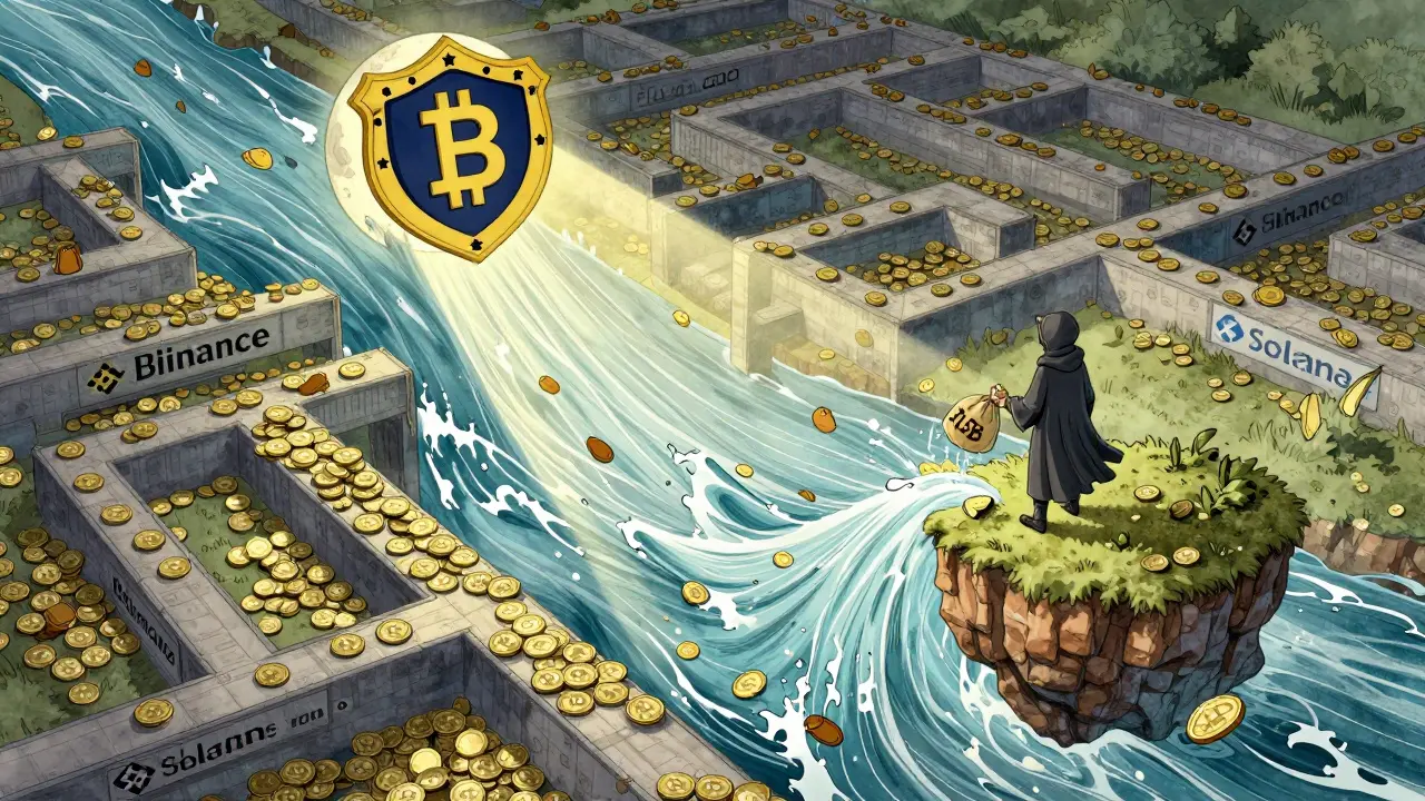 A river of Bitcoin coins floods blockchain bridges as a hooded figure dumps stolen funds into the chaos.