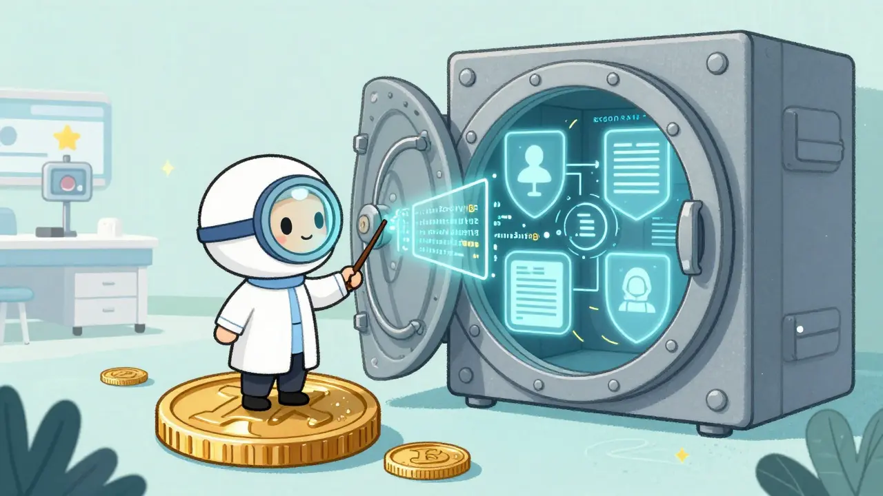 A scientist sends code into a secure data vault, analyzing medical records without touching them, surrounded by privacy shields.