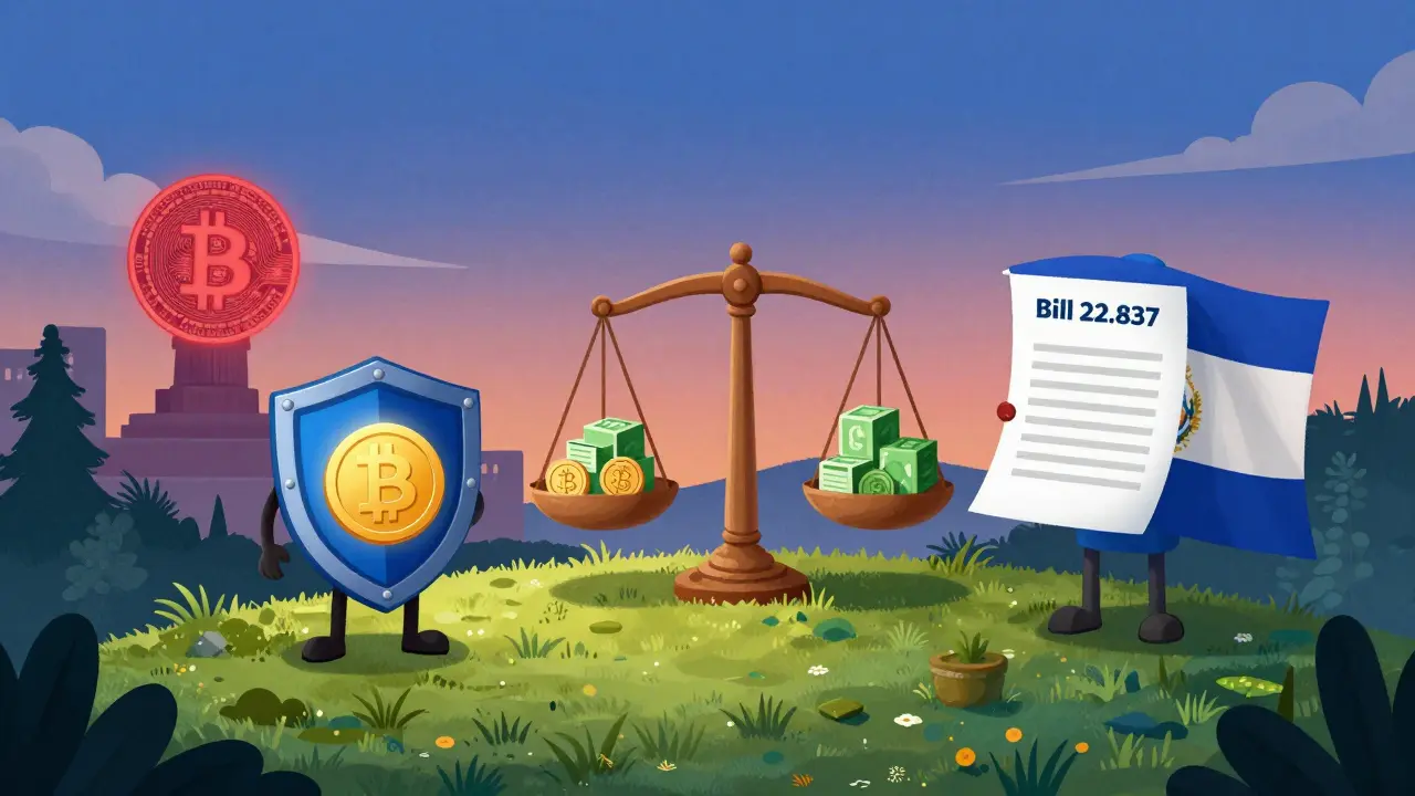 A serene hilltop scene in Costa Rica showing compliance, balance, and contrast between crypto innovation and regulatory caution.