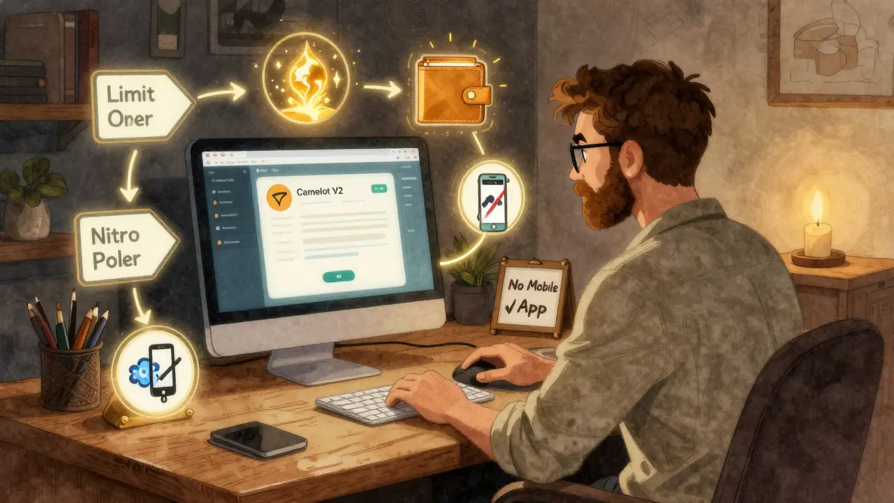 A trader using a desktop to access Camelot V2, with limit orders and Nitro Pools glowing, and a crossed-out phone nearby.